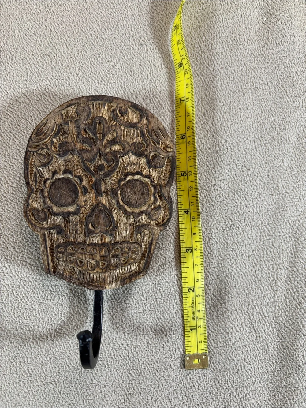 Carved Wood Sugar Skull Wall Hook 7” Day of the Dead Dia de los Muertos